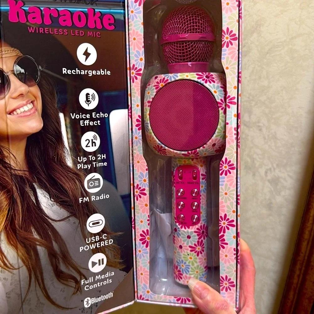 Karaoke Wireless LED Bluetooth Microphone in pink floral. Enjoy hours of fun